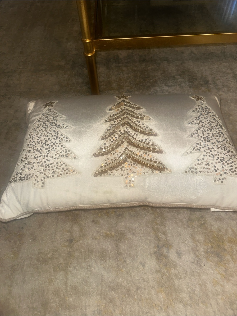 Christmas Holiday Sequin Tree Decorative Pillow - Cream and Gold